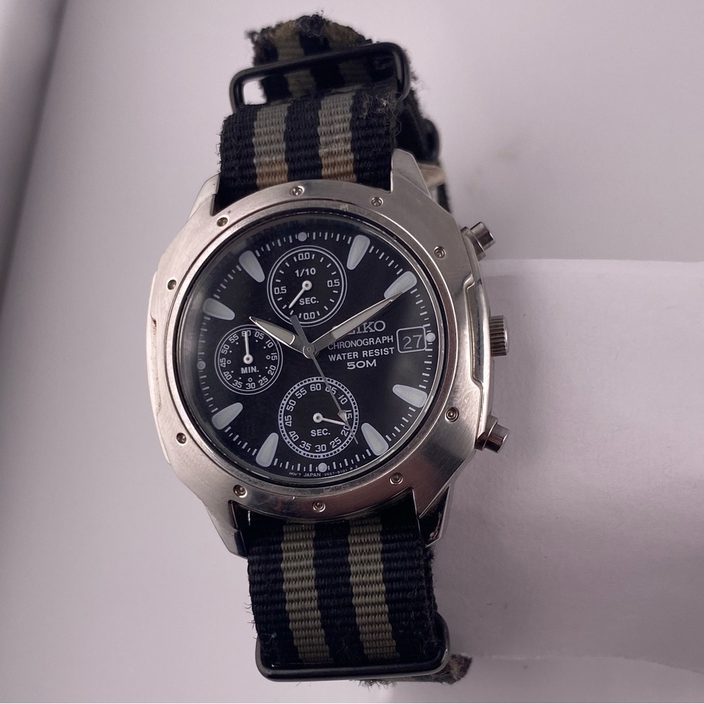 Seiko V657-9099 Stainless Steel Watch Chronometer Date On NATO Band